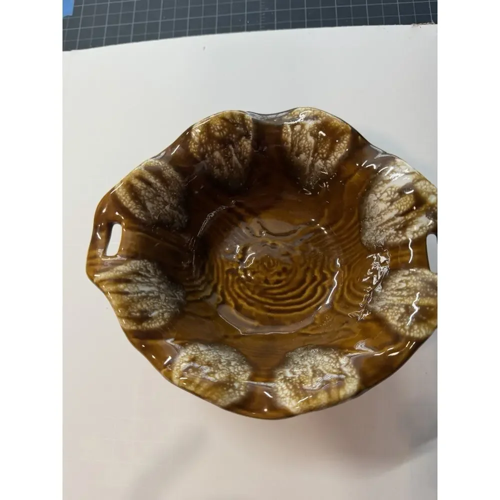 Vintage California Pottery Brown Wood Grain Serving Bowl MCM 7.5